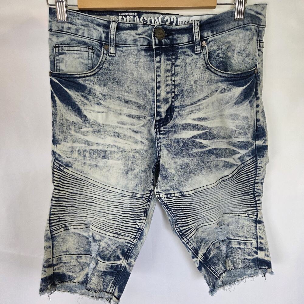 Reason Brand Mens 32 Denim Moto Shorts Acid Wash Distressed Biker Jean Jorts